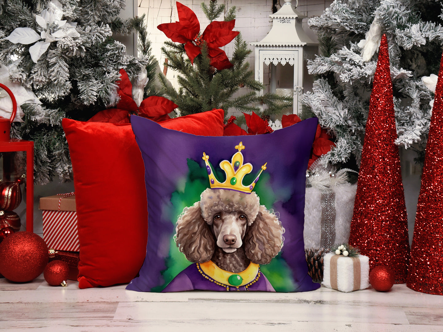 Chocolate Poodle King of Mardi Gras Throw Pillow