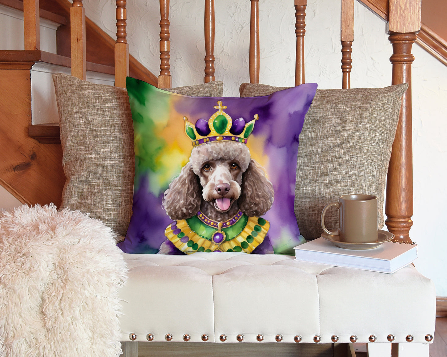 Chocolate Poodle King of Mardi Gras Throw Pillow