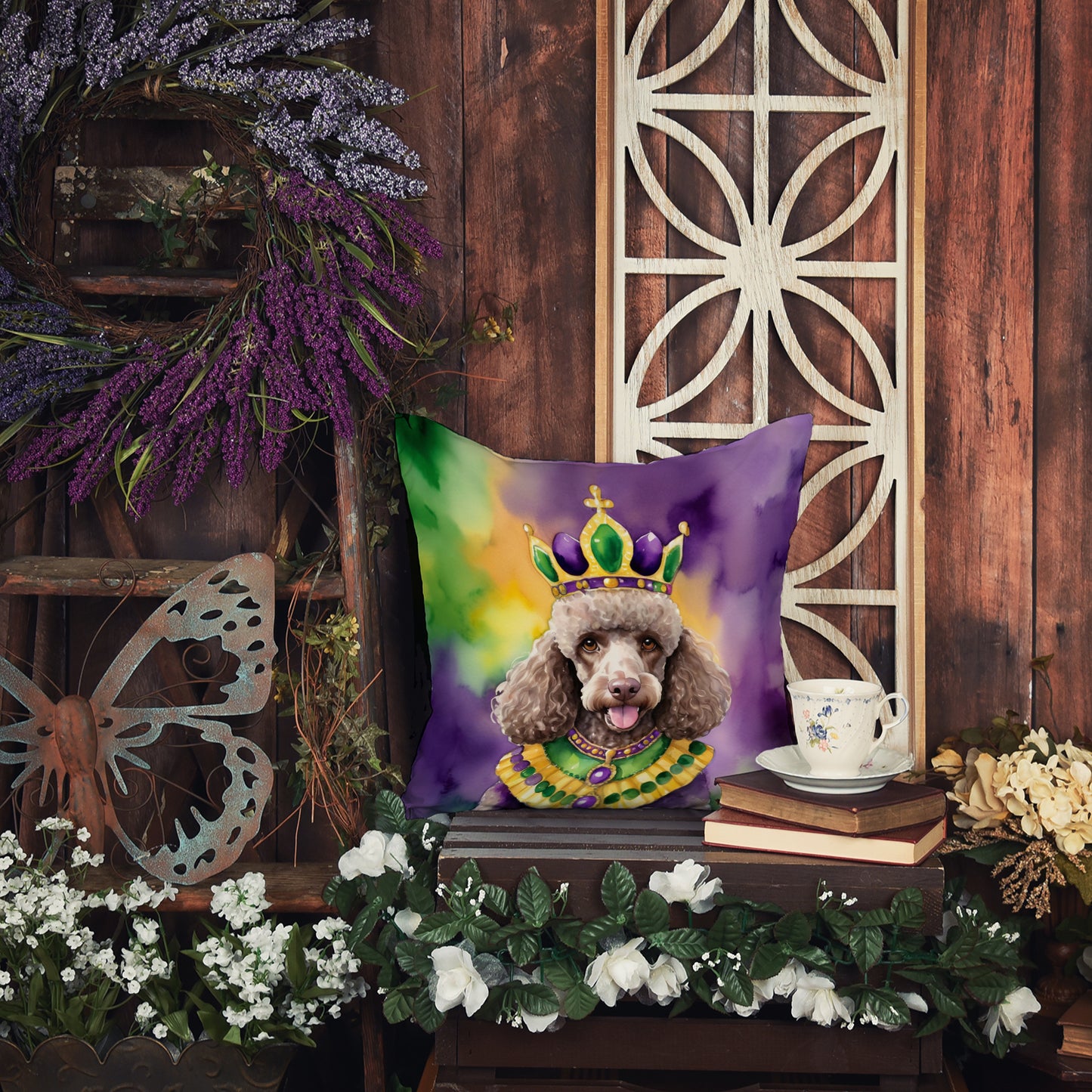 Chocolate Poodle King of Mardi Gras Throw Pillow