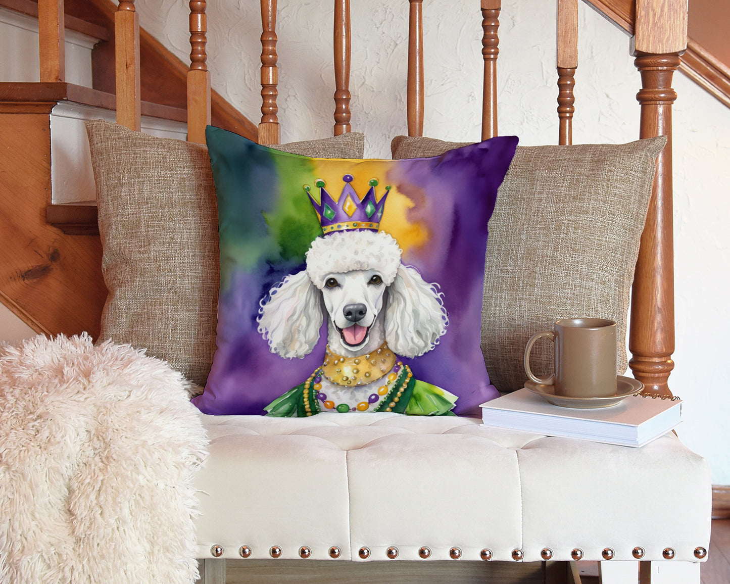 White Poodle King of Mardi Gras Throw Pillow
