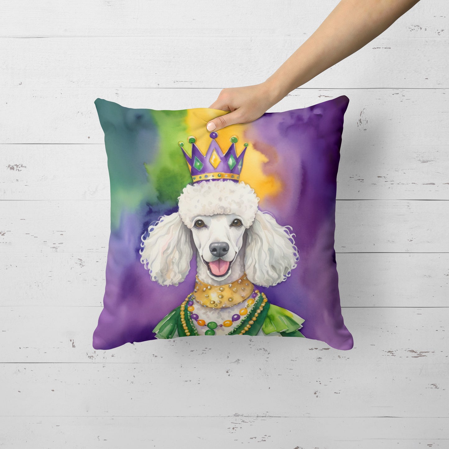 White Poodle King of Mardi Gras Throw Pillow