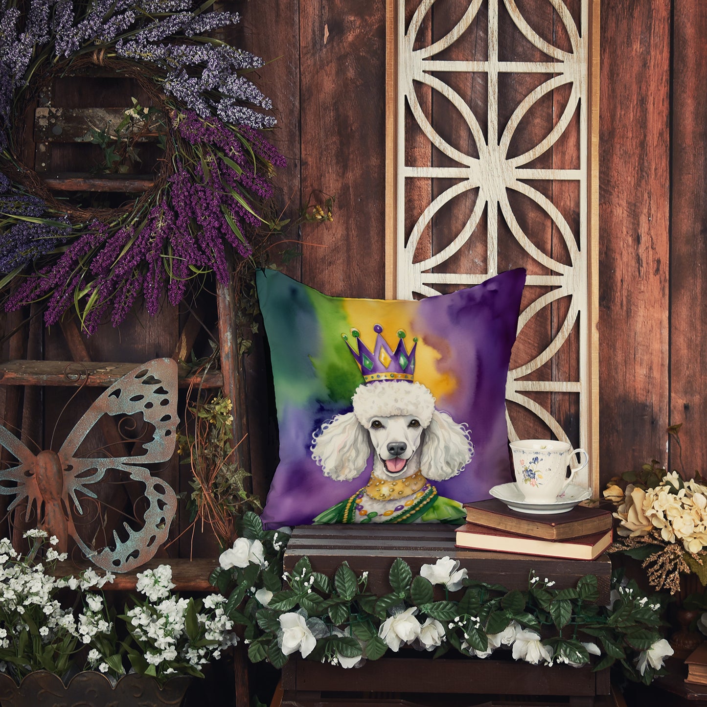 White Poodle King of Mardi Gras Throw Pillow