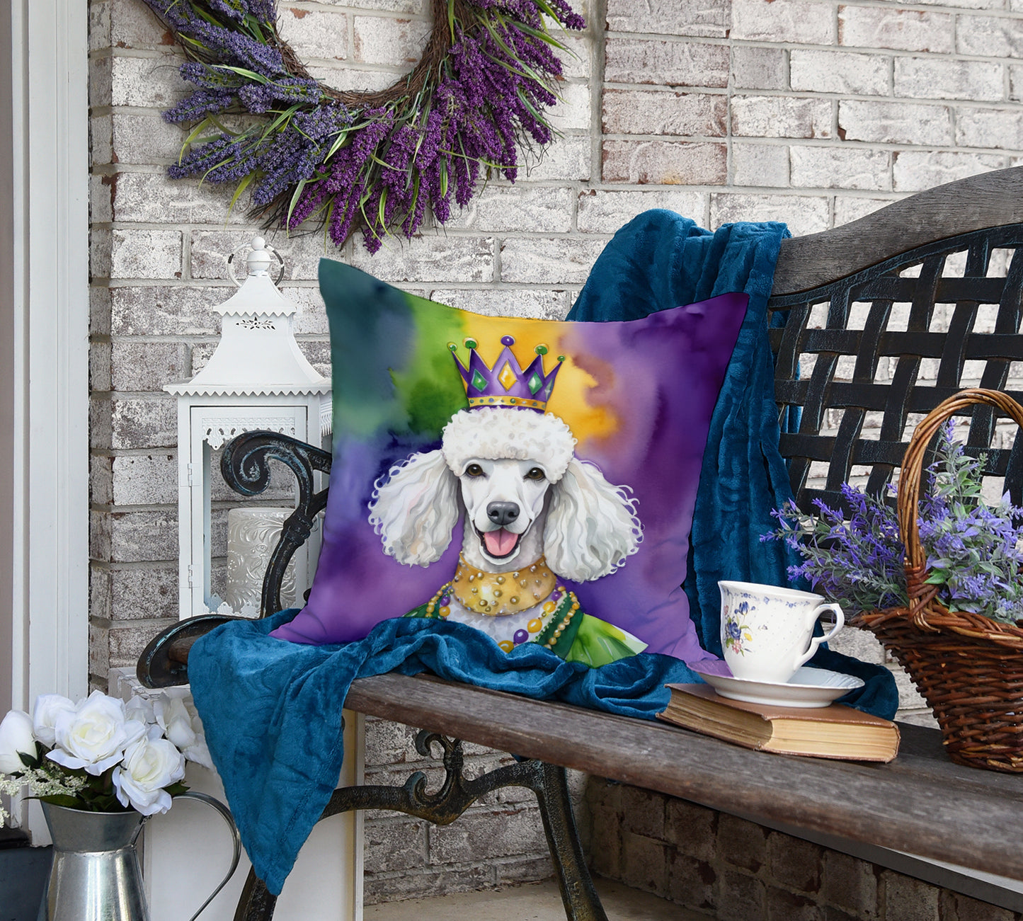 White Poodle King of Mardi Gras Throw Pillow