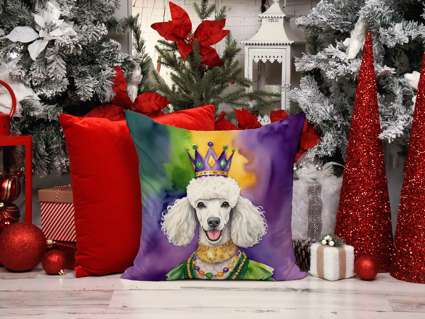 White Poodle King of Mardi Gras Throw Pillow