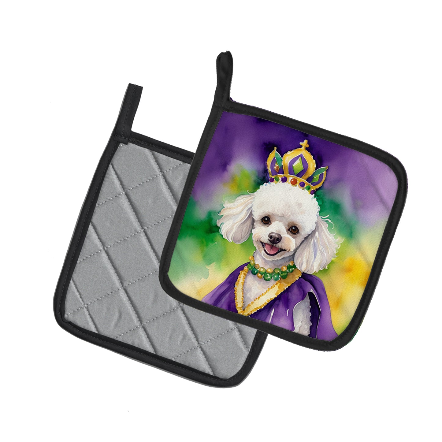 White Poodle King of Mardi Gras Pair of Pot Holders