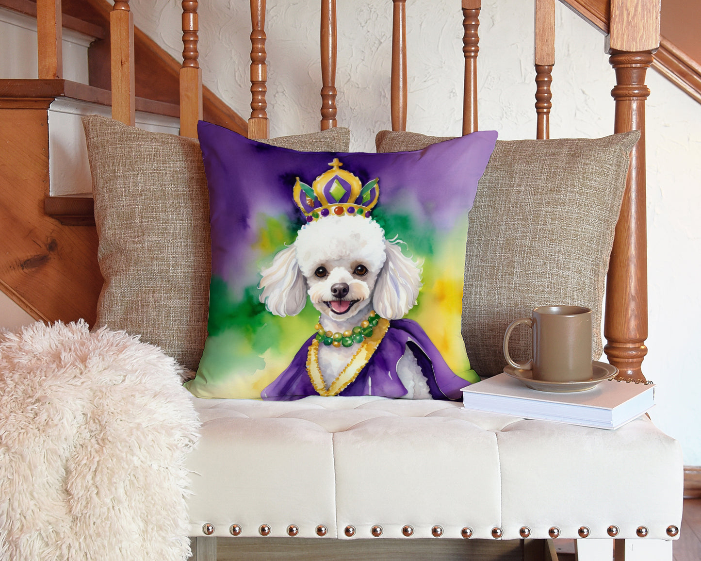 White Poodle King of Mardi Gras Throw Pillow