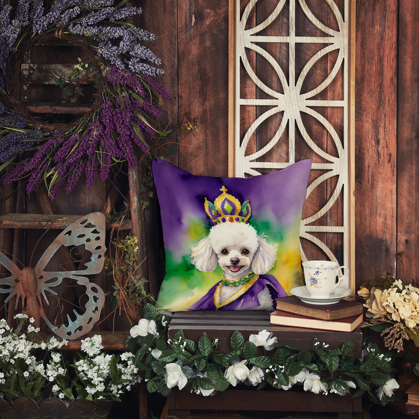 White Poodle King of Mardi Gras Throw Pillow