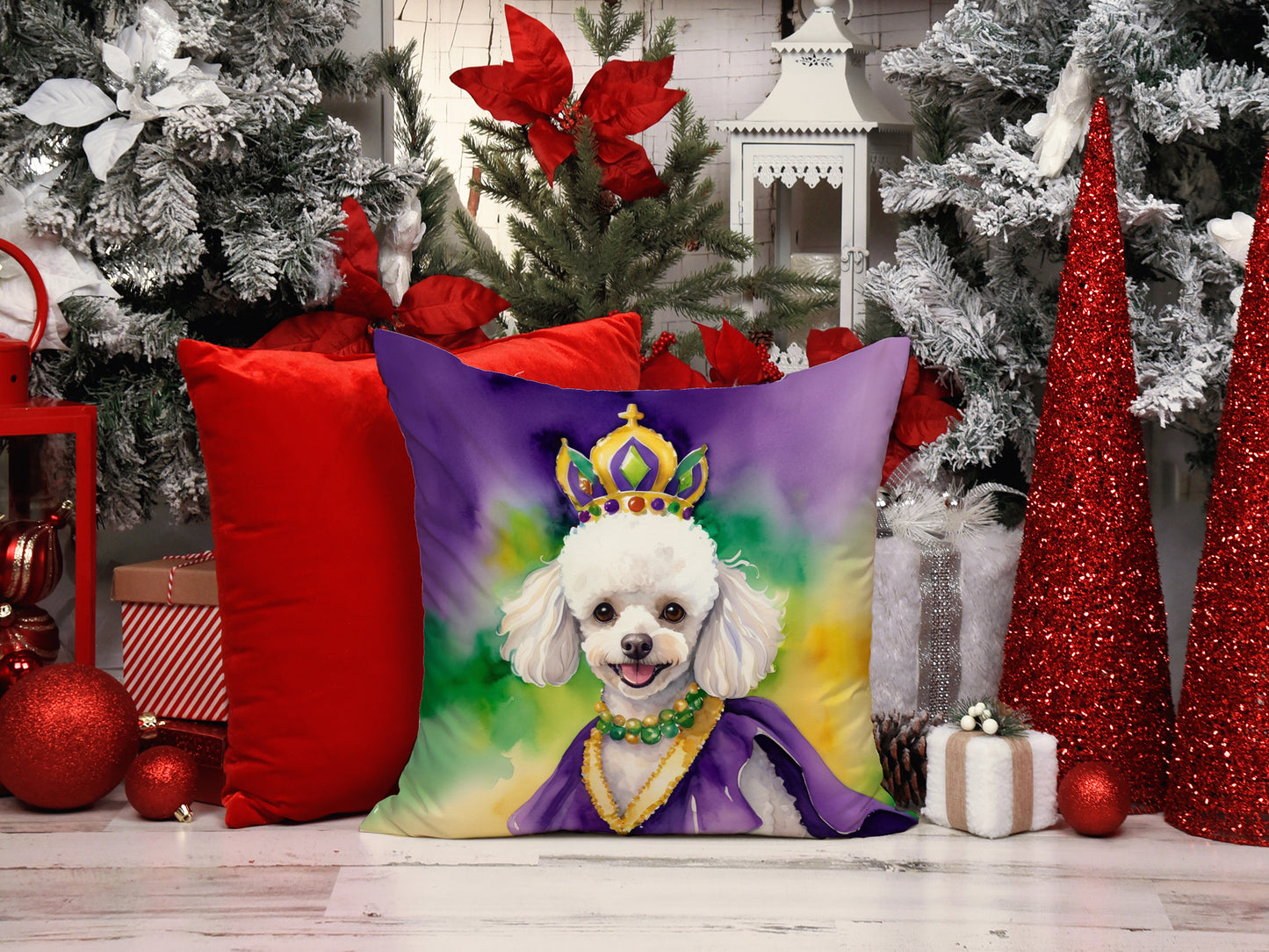 White Poodle King of Mardi Gras Throw Pillow