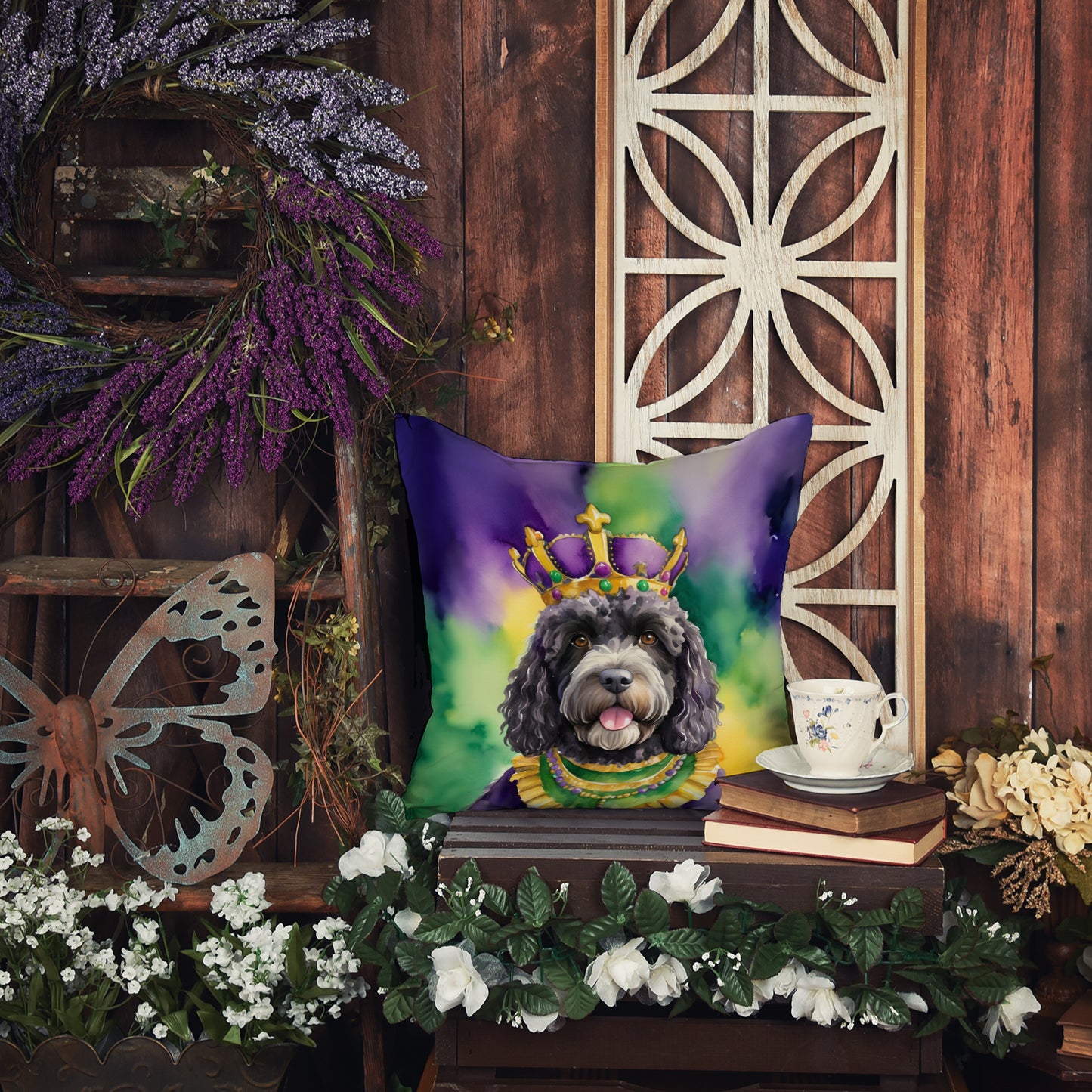 Portuguese Water Dog King of Mardi Gras Throw Pillow