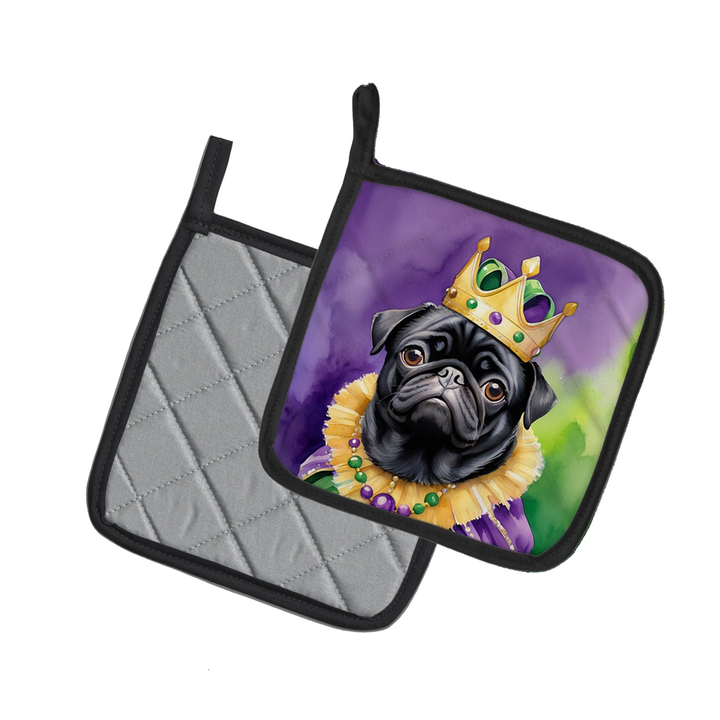 Black Pug King of Mardi Gras Pair of Pot Holders