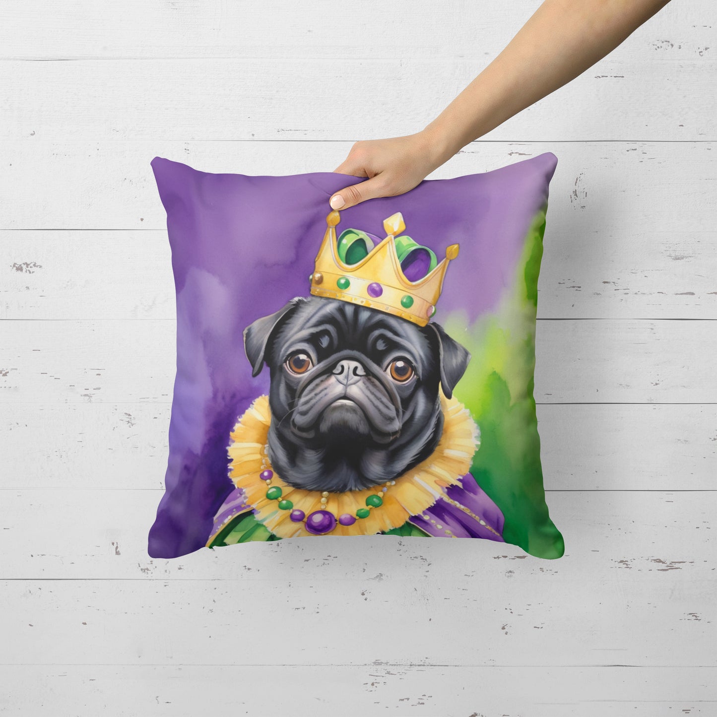 Black Pug King of Mardi Gras Throw Pillow