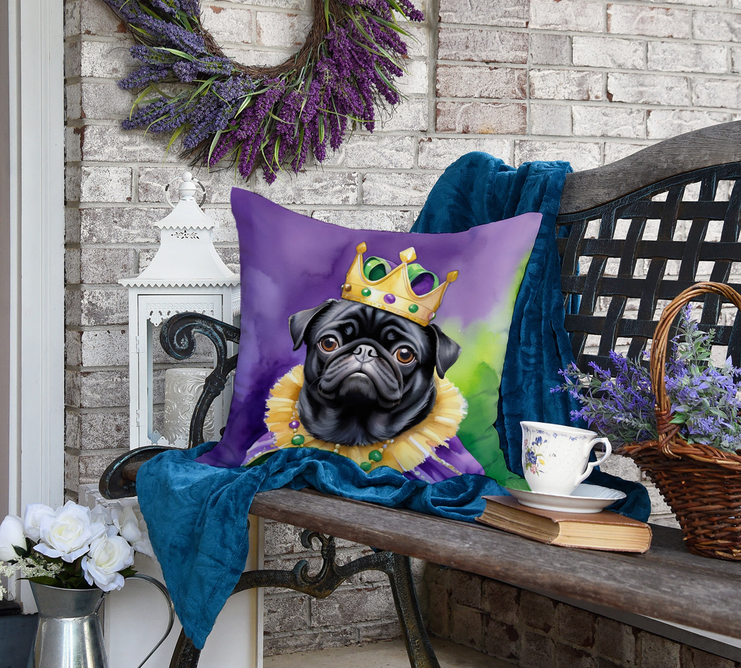 Black Pug King of Mardi Gras Throw Pillow