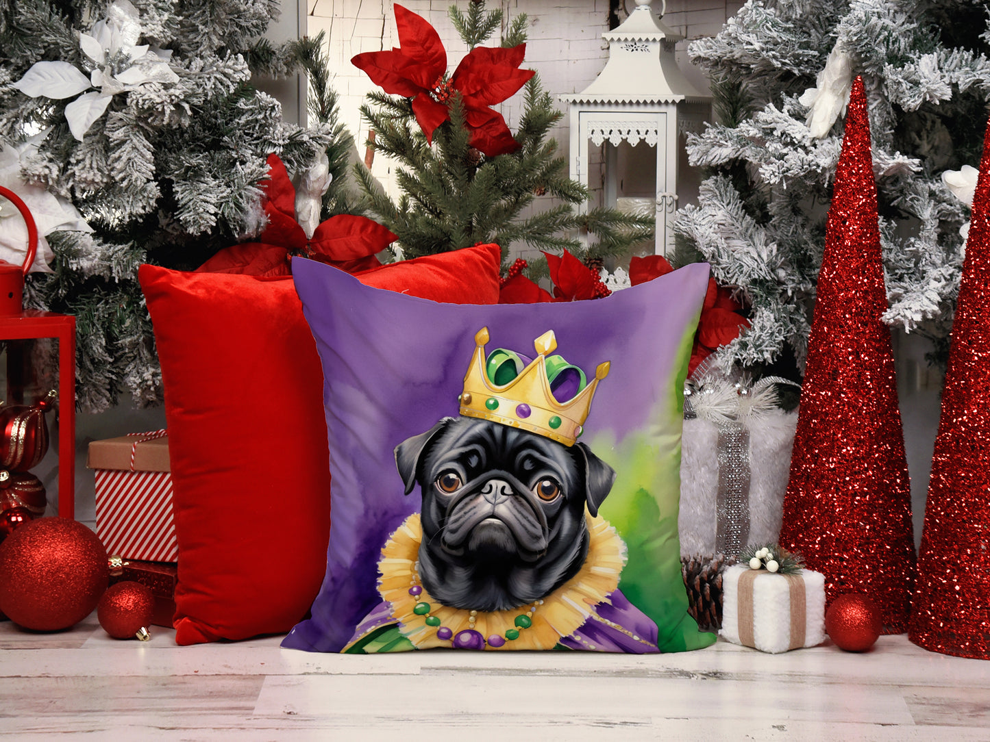 Black Pug King of Mardi Gras Throw Pillow