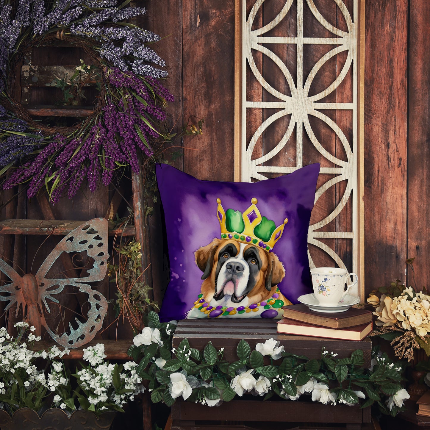 Saint Bernard King of Mardi Gras Throw Pillow