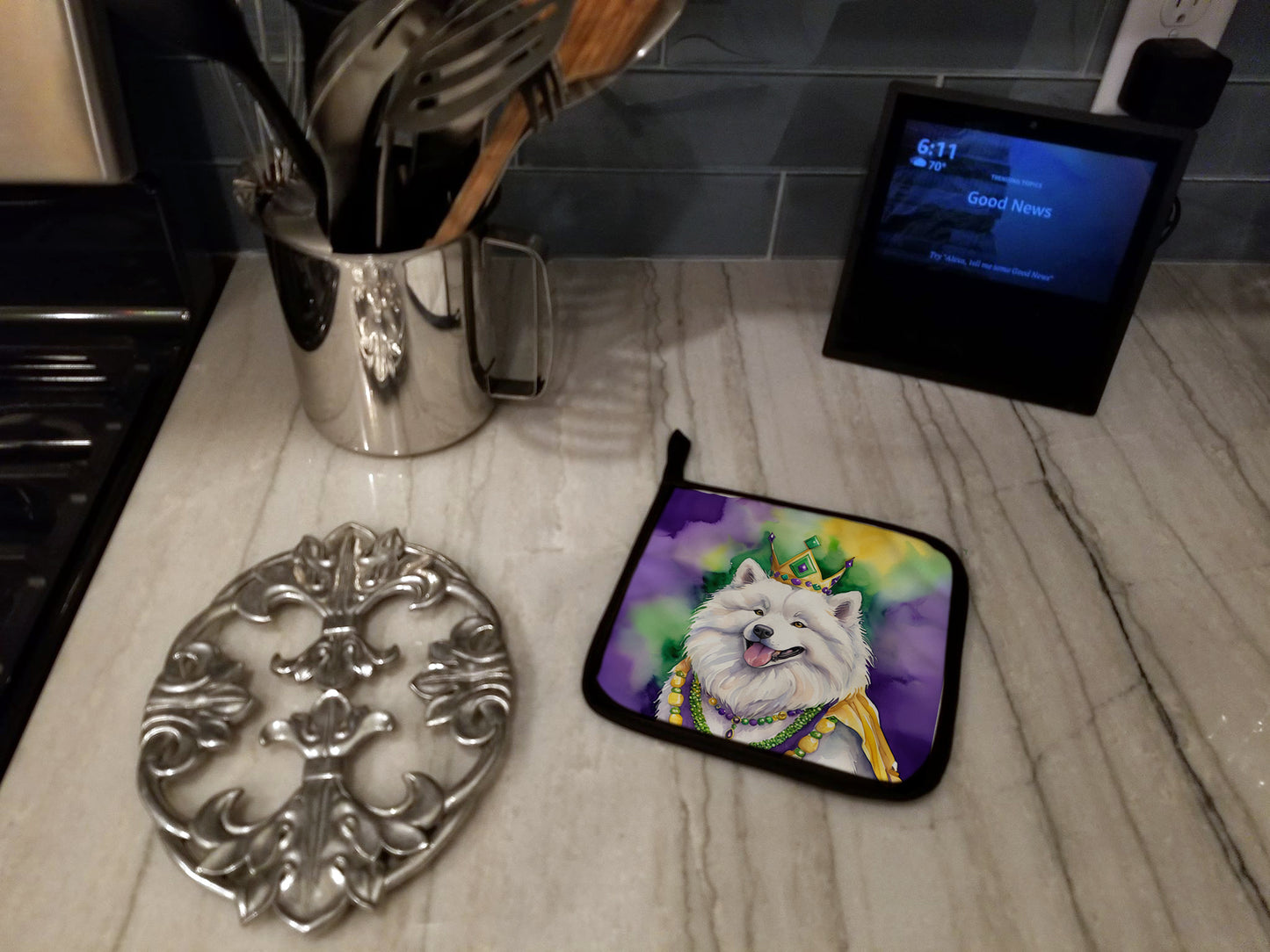 Samoyed King of Mardi Gras Pair of Pot Holders