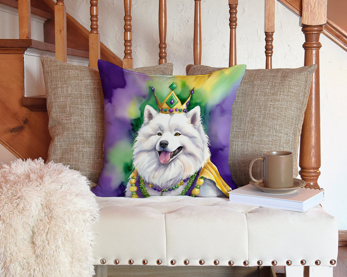 Samoyed King of Mardi Gras Throw Pillow