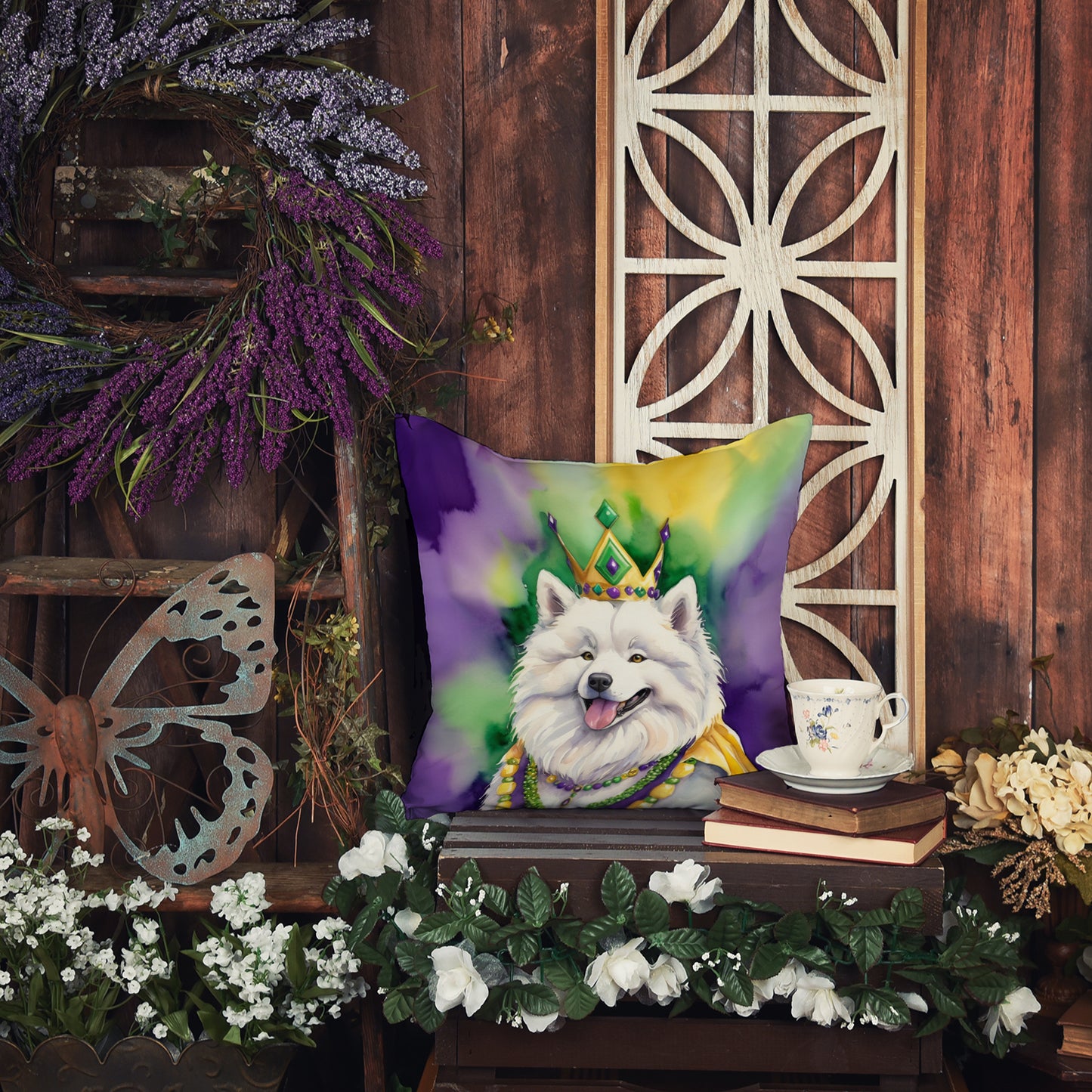 Samoyed King of Mardi Gras Throw Pillow