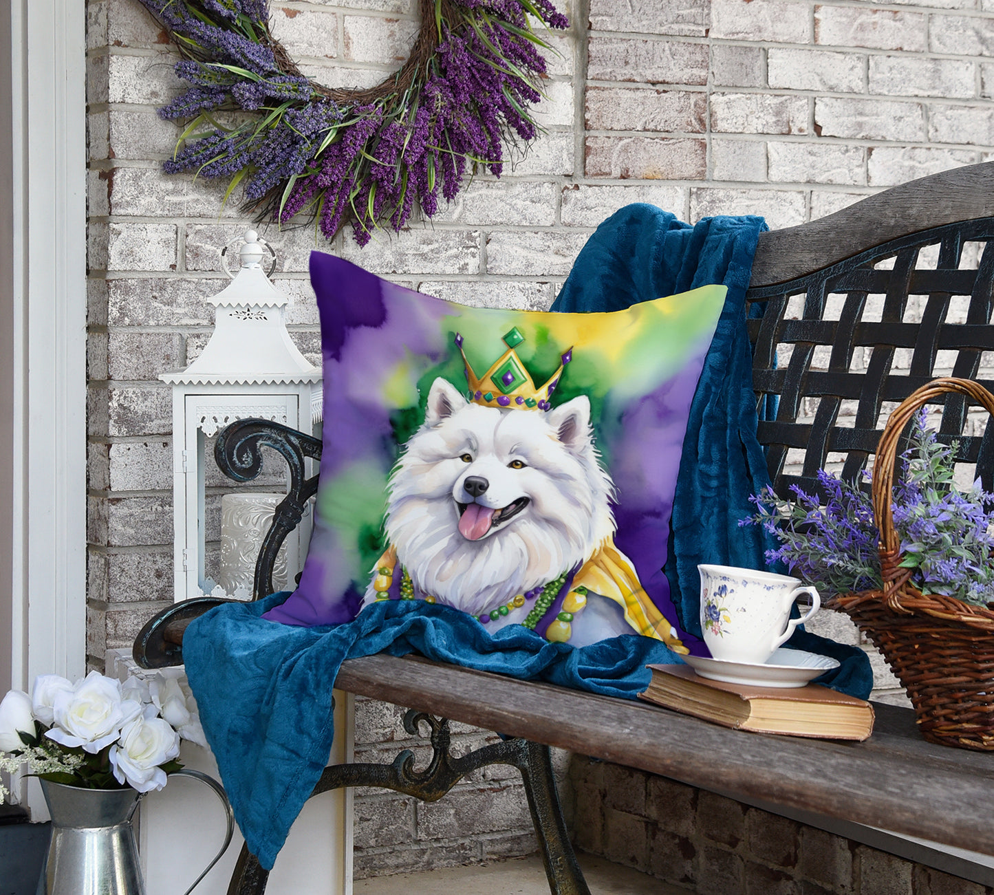 Samoyed King of Mardi Gras Throw Pillow