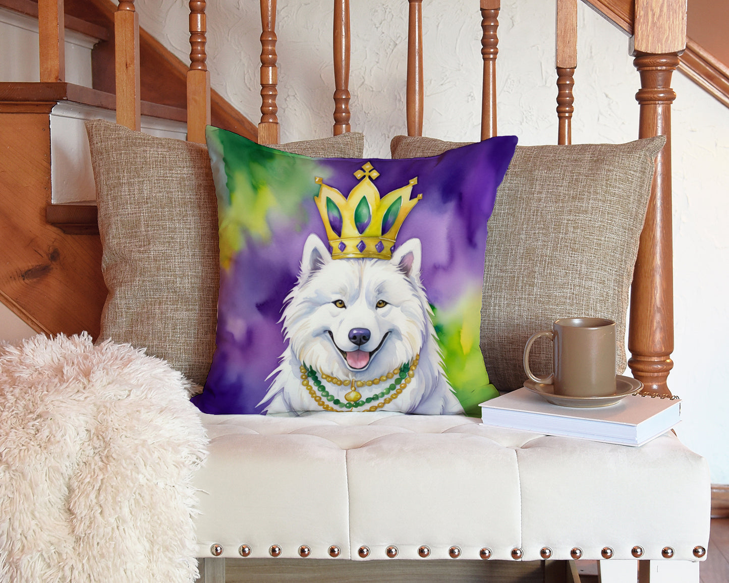 Samoyed King of Mardi Gras Throw Pillow