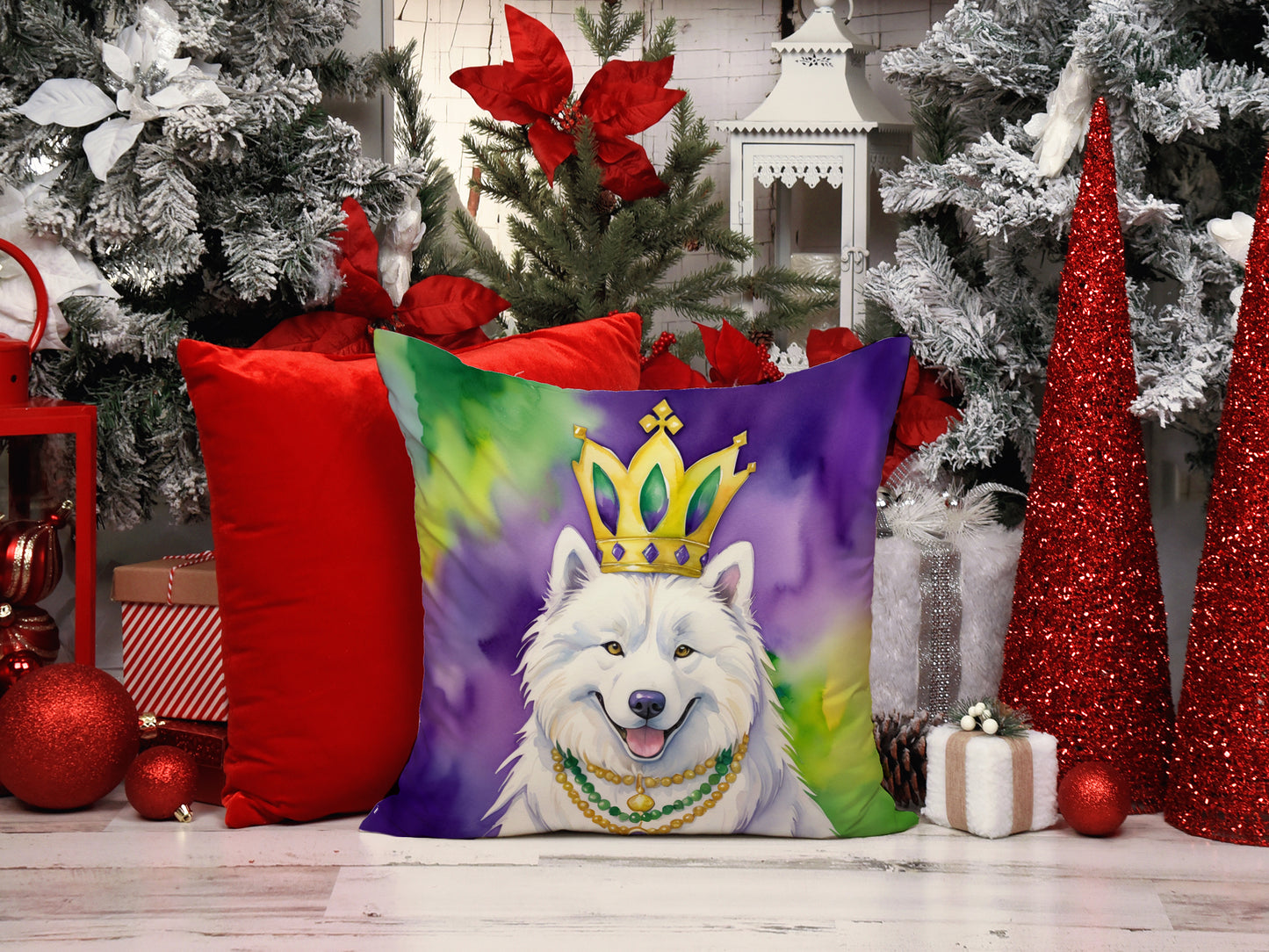 Samoyed King of Mardi Gras Throw Pillow