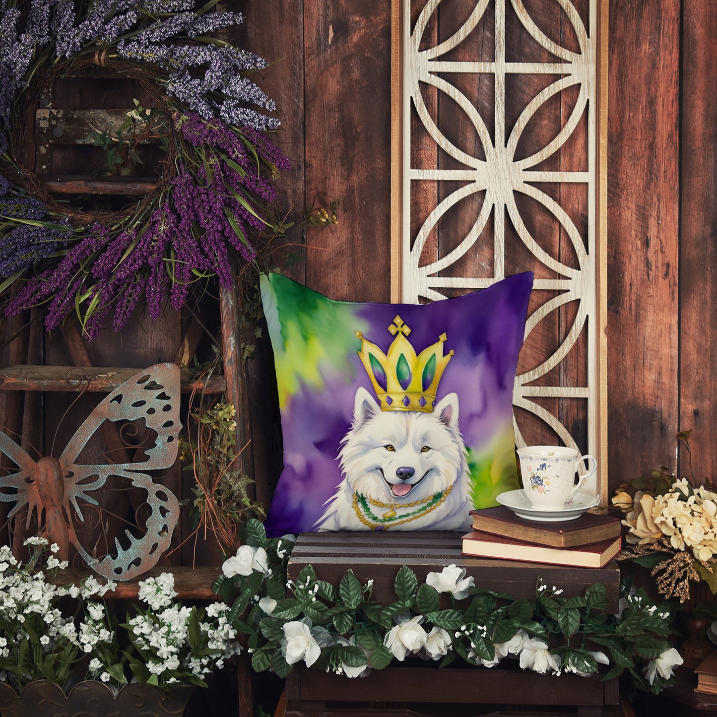 Samoyed King of Mardi Gras Throw Pillow