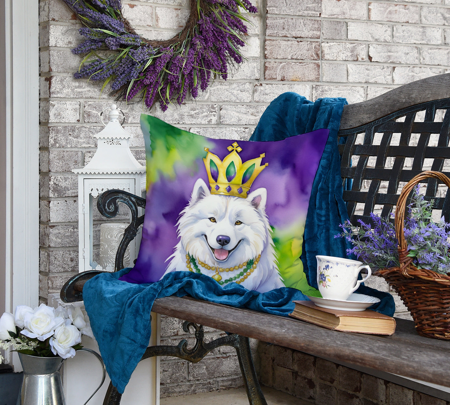 Samoyed King of Mardi Gras Throw Pillow