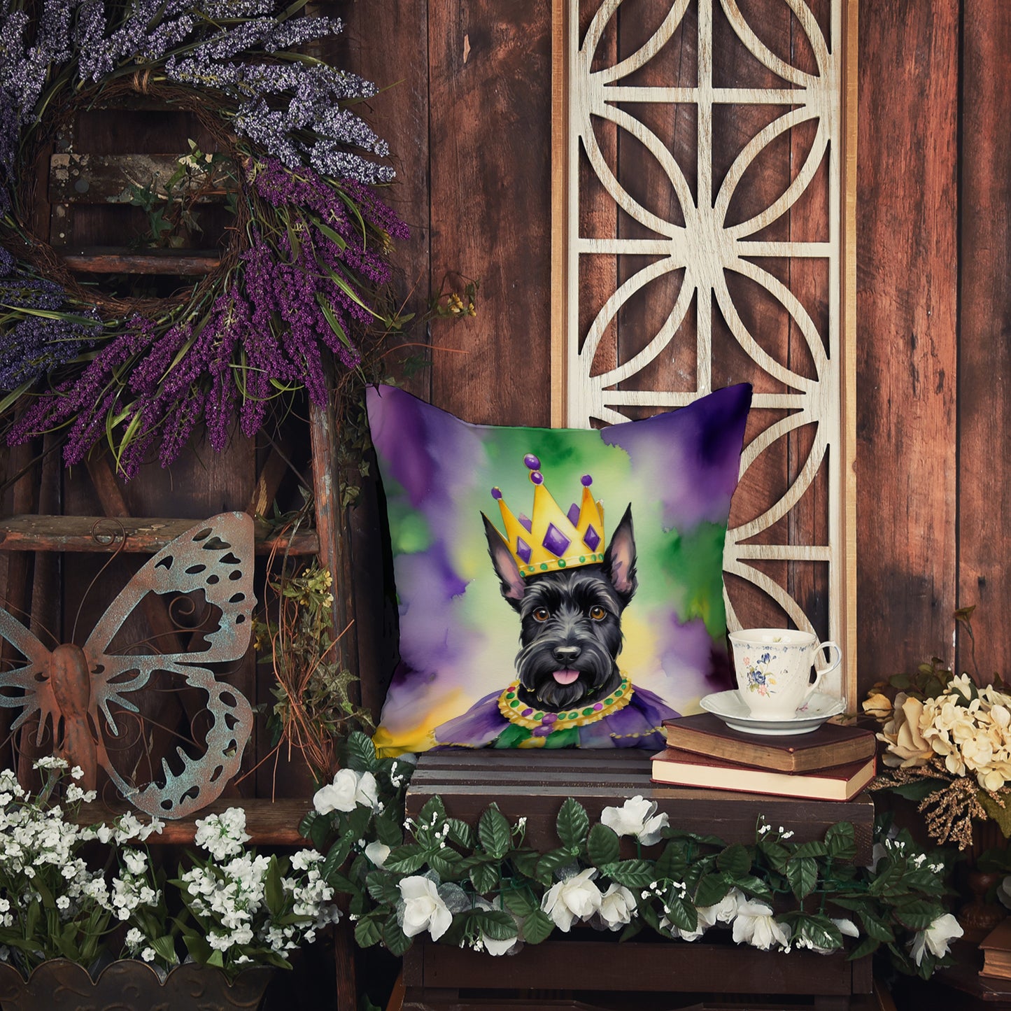 Scottish Terrier King of Mardi Gras Throw Pillow