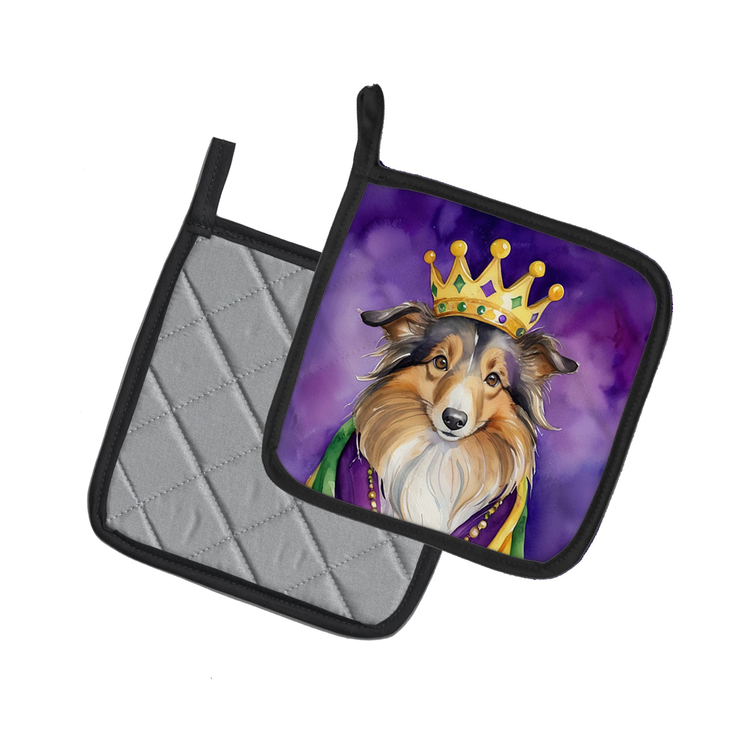 Sheltie King of Mardi Gras Pair of Pot Holders