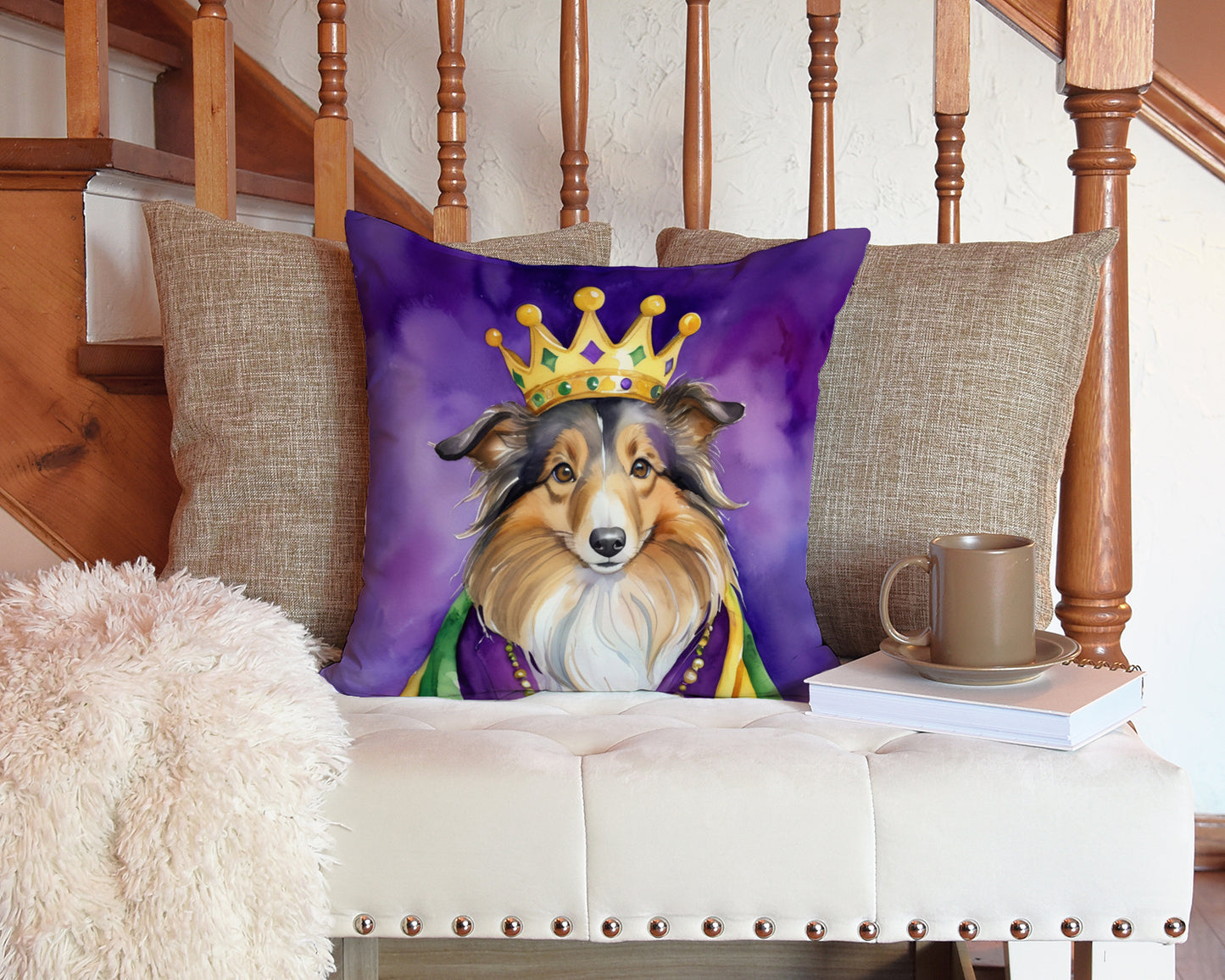 Sheltie King of Mardi Gras Throw Pillow