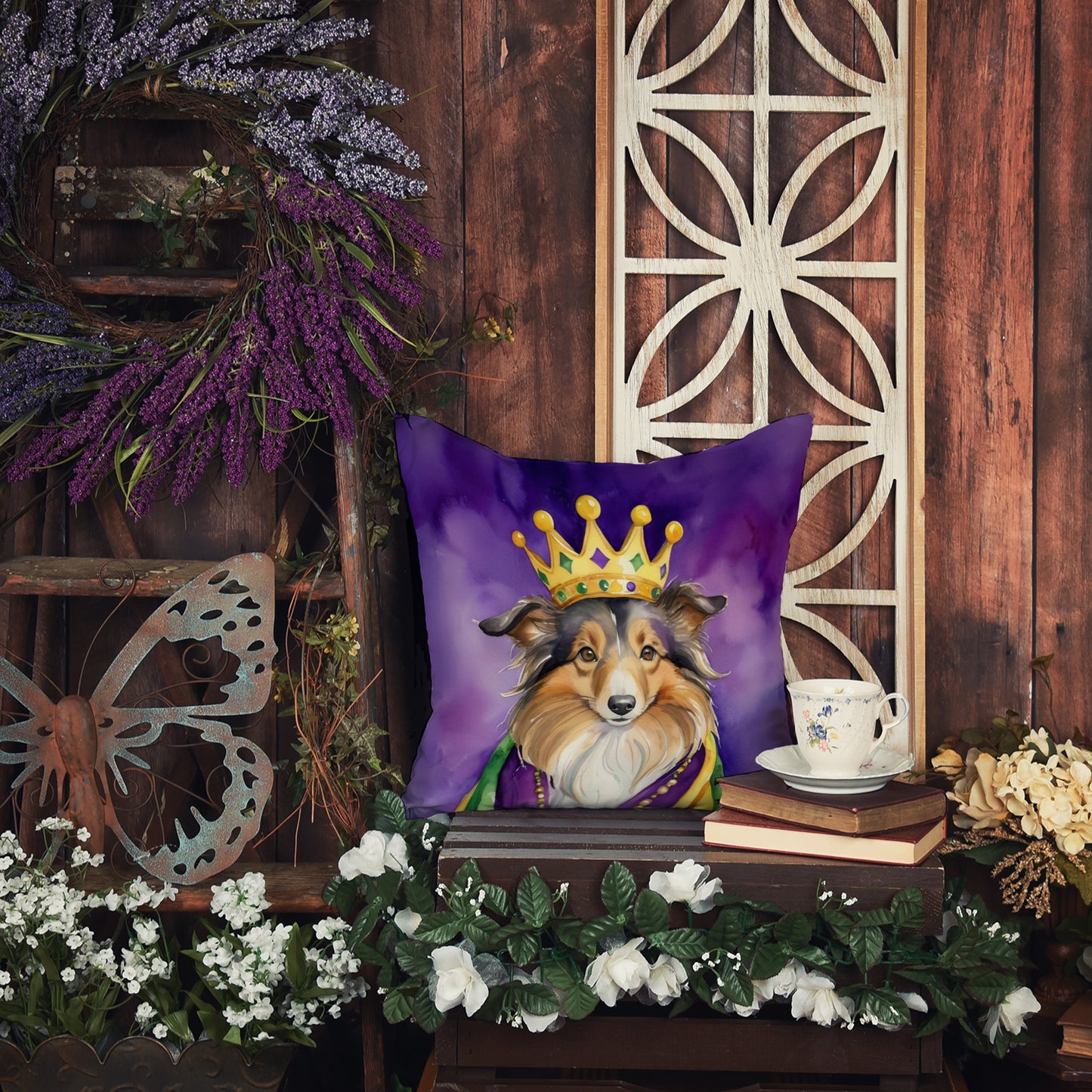 Sheltie King of Mardi Gras Throw Pillow