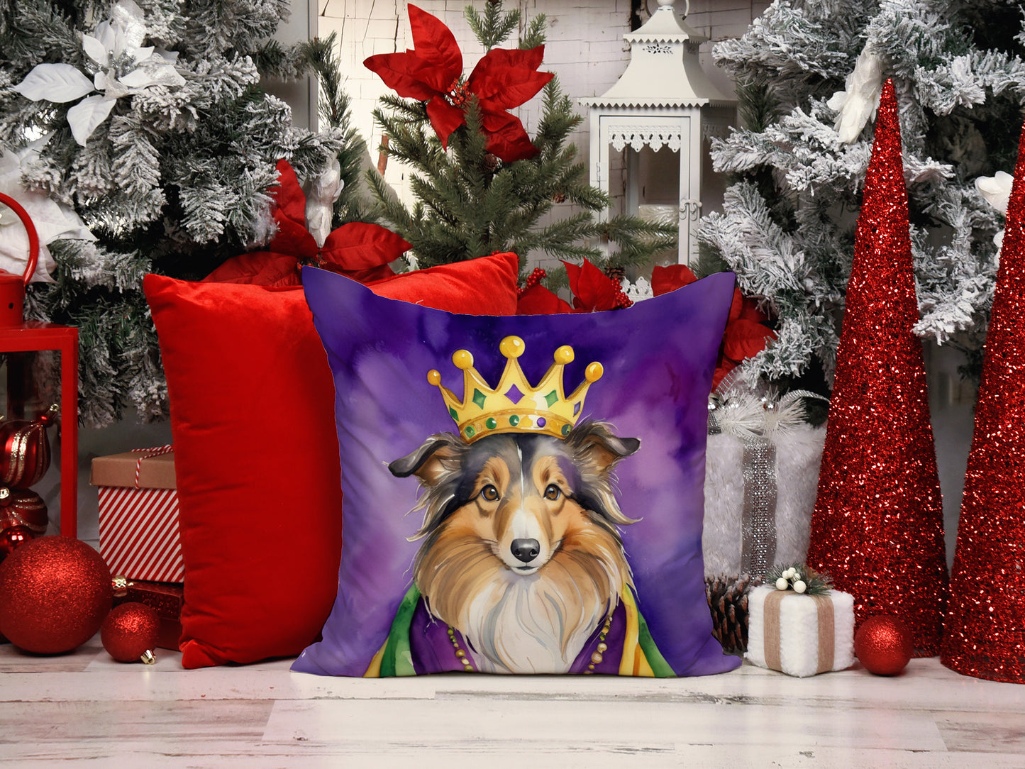 Sheltie King of Mardi Gras Throw Pillow