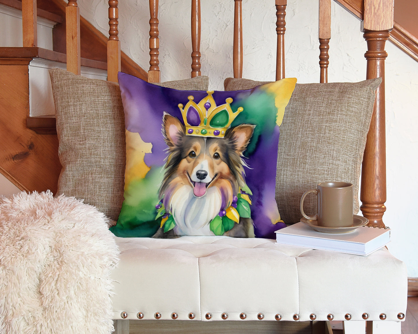 Sheltie King of Mardi Gras Throw Pillow
