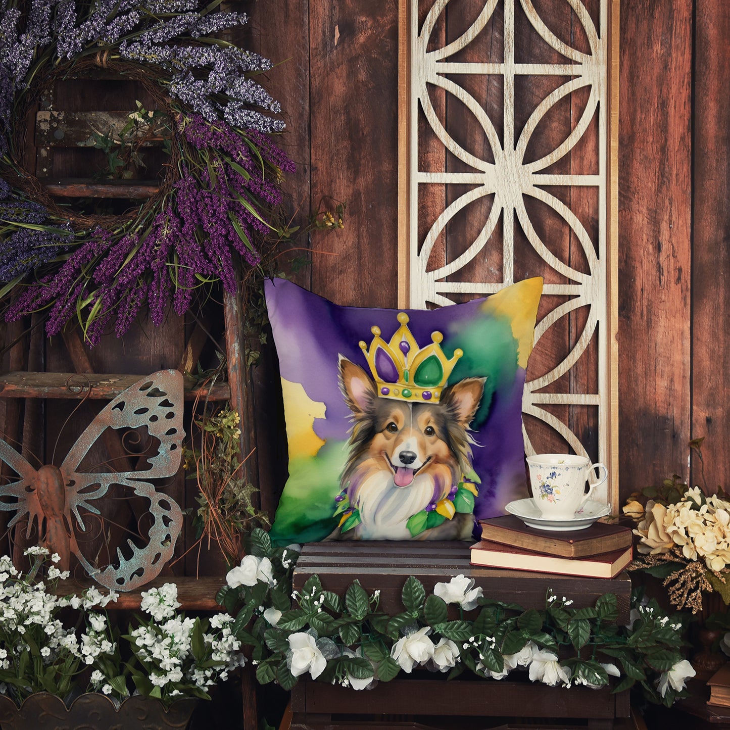 Sheltie King of Mardi Gras Throw Pillow