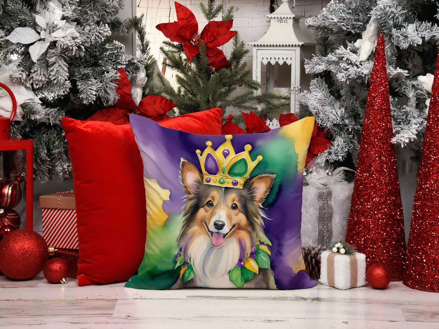 Sheltie King of Mardi Gras Throw Pillow
