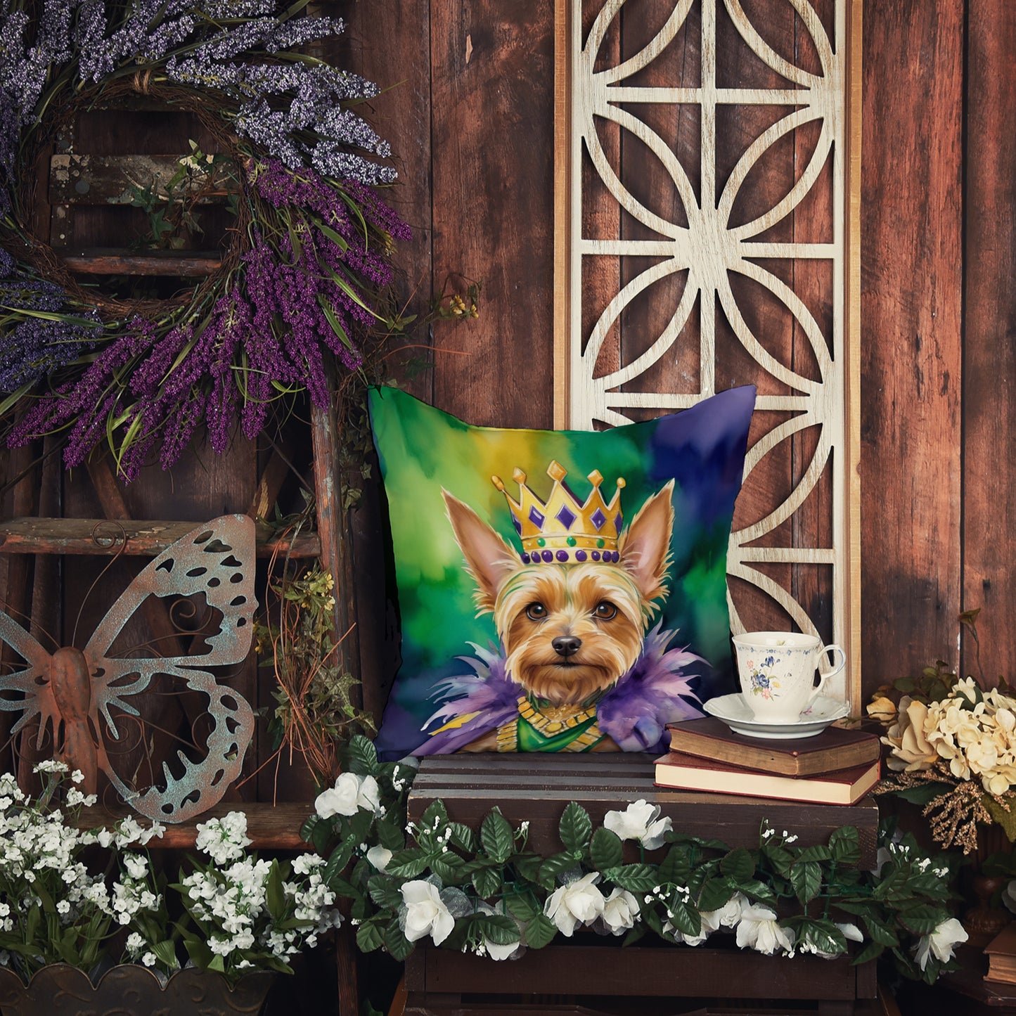 Silky Terrier King of Mardi Gras Throw Pillow