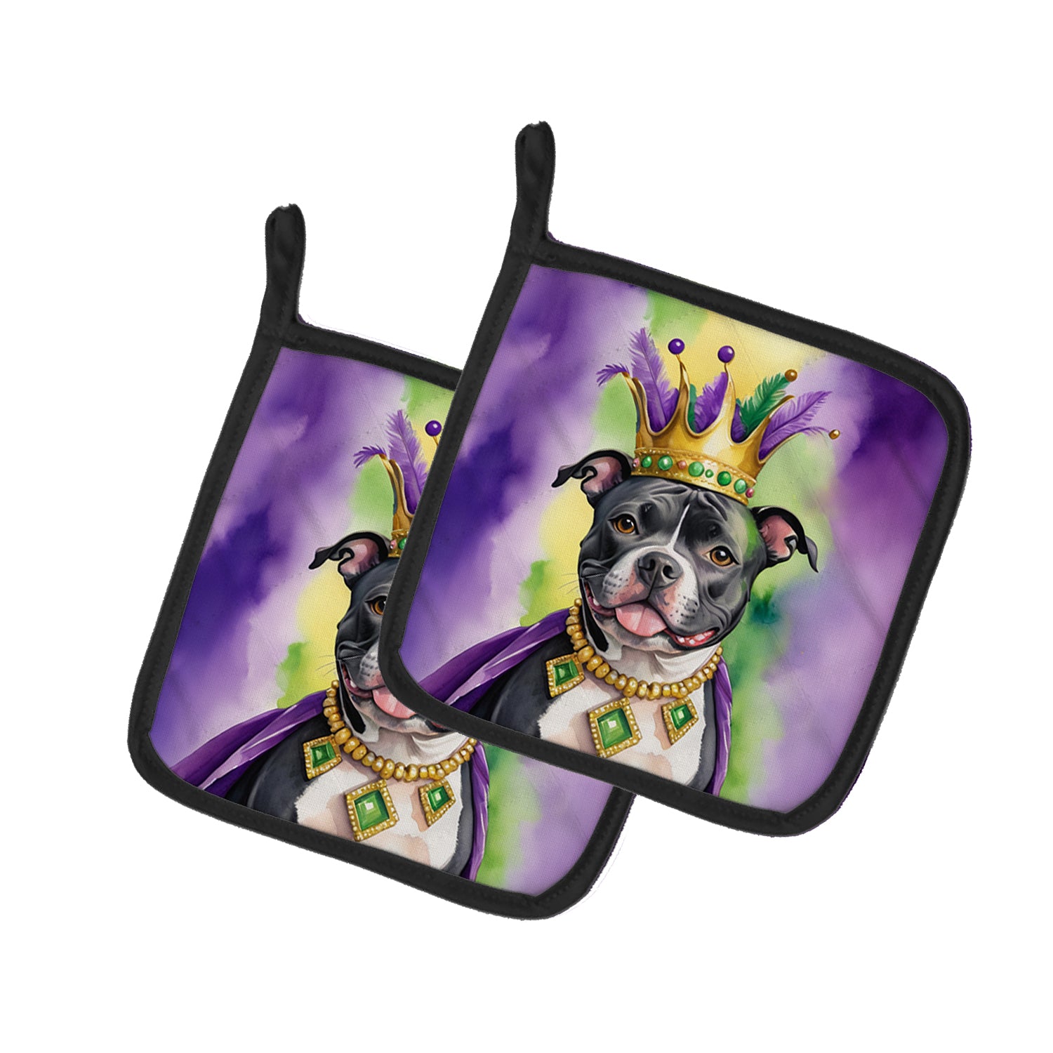 Buy this Staffordshire Bull Terrier King of Mardi Gras Pair of Pot Holders