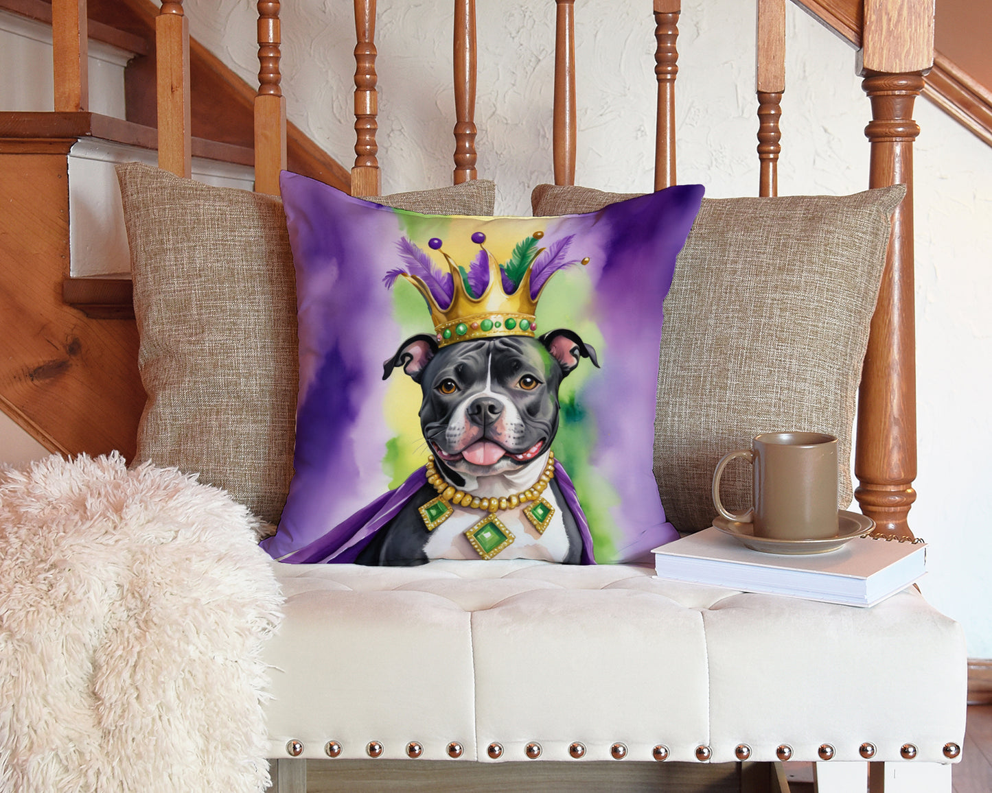 Staffordshire Bull Terrier King of Mardi Gras Throw Pillow