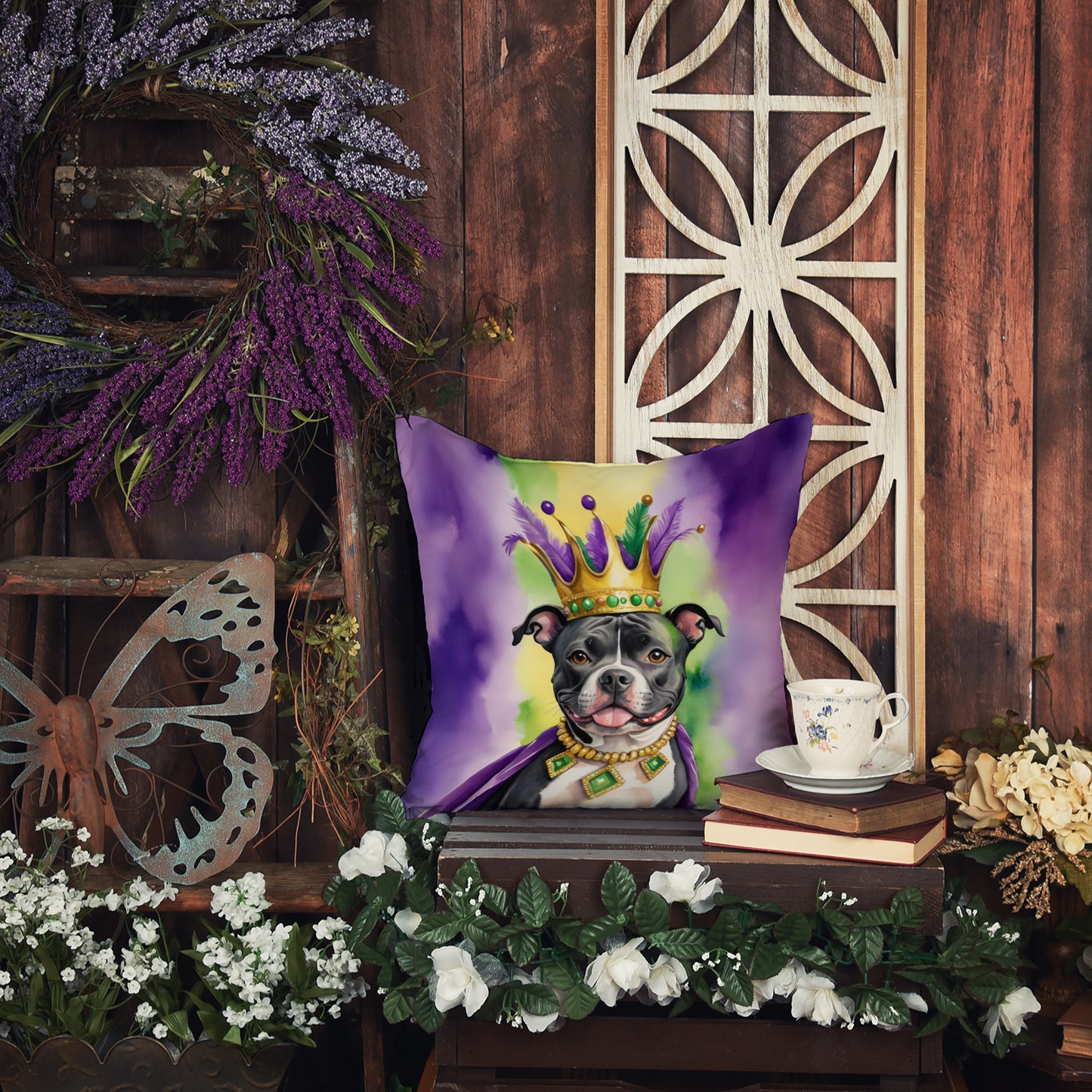 Staffordshire Bull Terrier King of Mardi Gras Throw Pillow