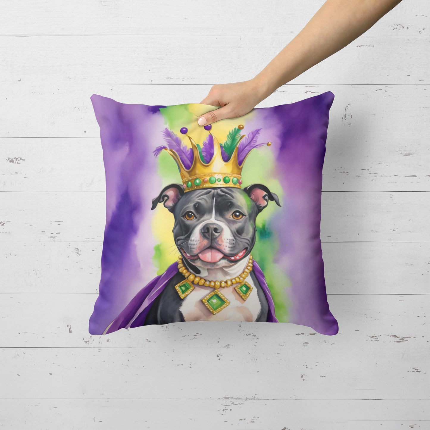 Staffordshire Bull Terrier King of Mardi Gras Throw Pillow