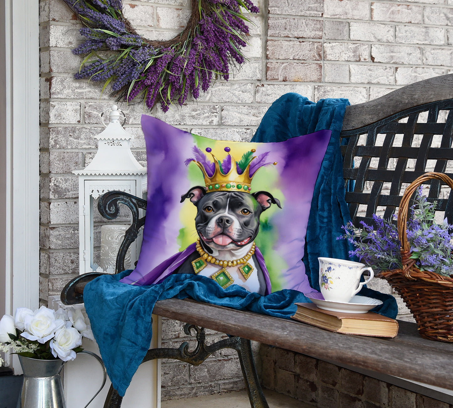 Staffordshire Bull Terrier King of Mardi Gras Throw Pillow