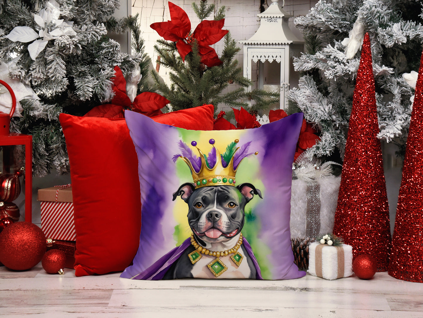 Staffordshire Bull Terrier King of Mardi Gras Throw Pillow