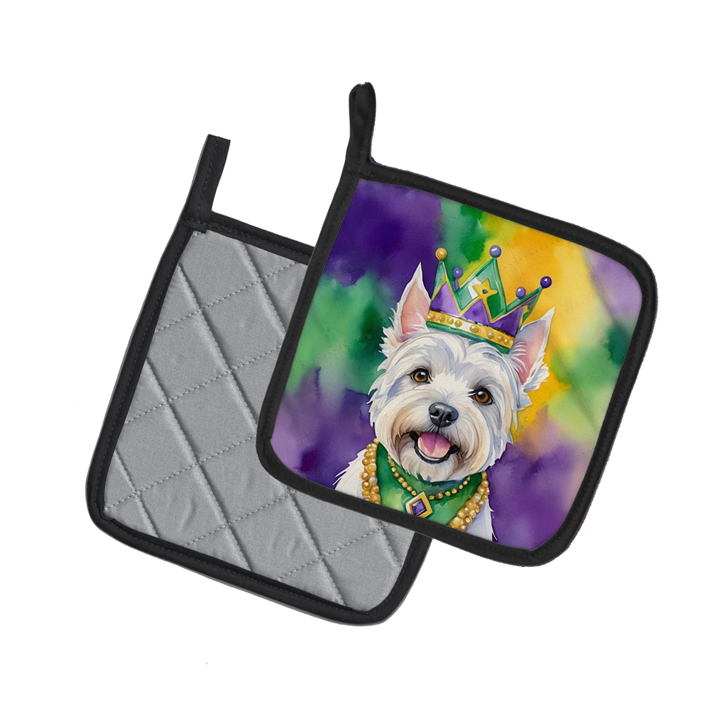 Westie King of Mardi Gras Pair of Pot Holders
