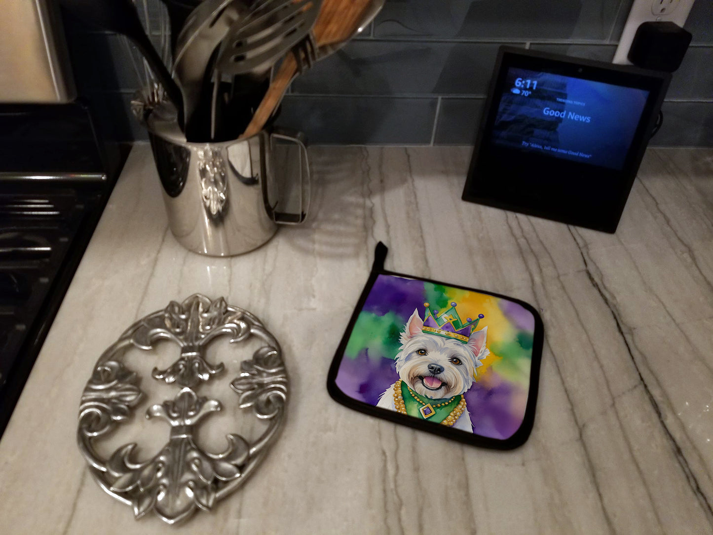 Westie King of Mardi Gras Pair of Pot Holders