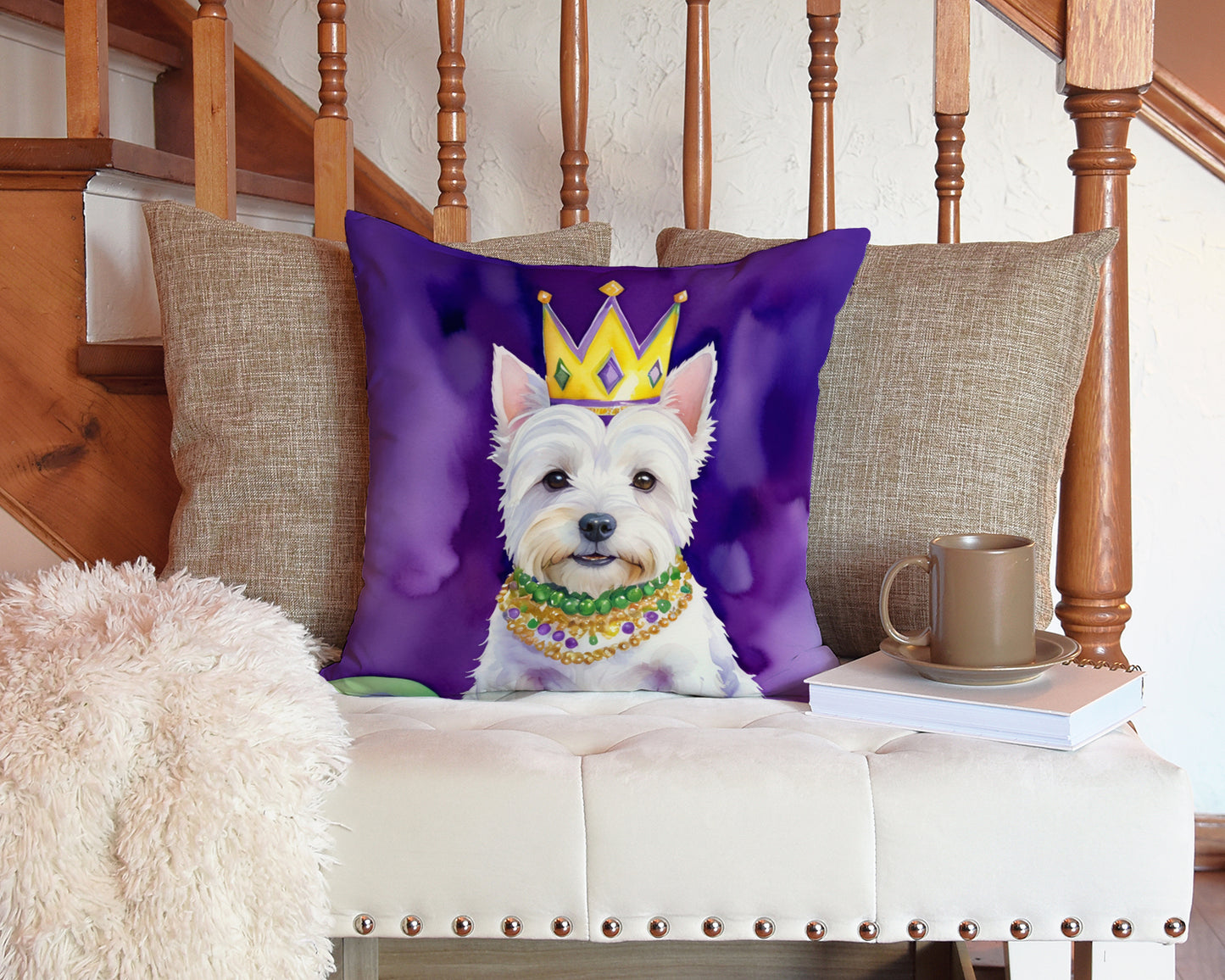 Westie King of Mardi Gras Throw Pillow