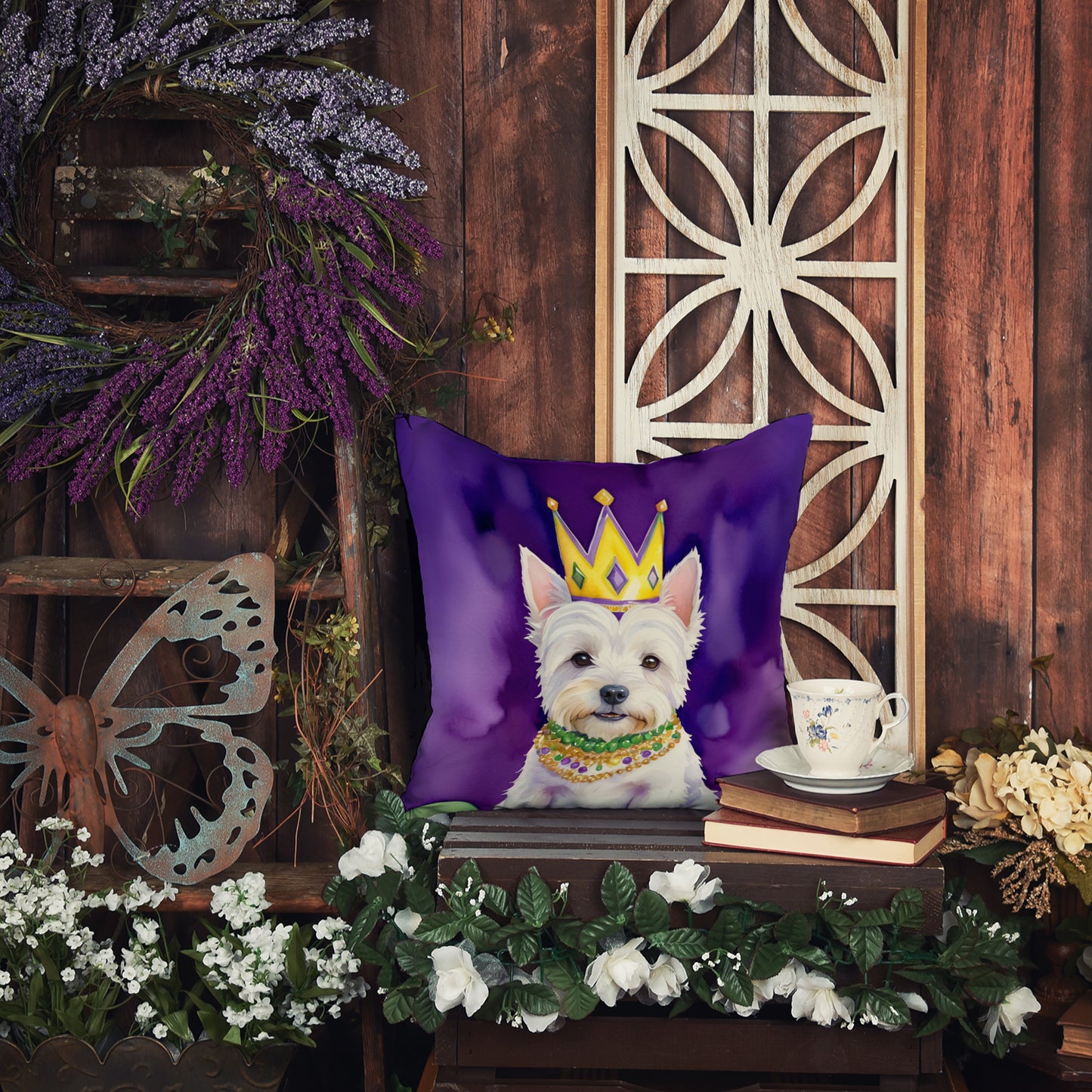 Westie King of Mardi Gras Throw Pillow