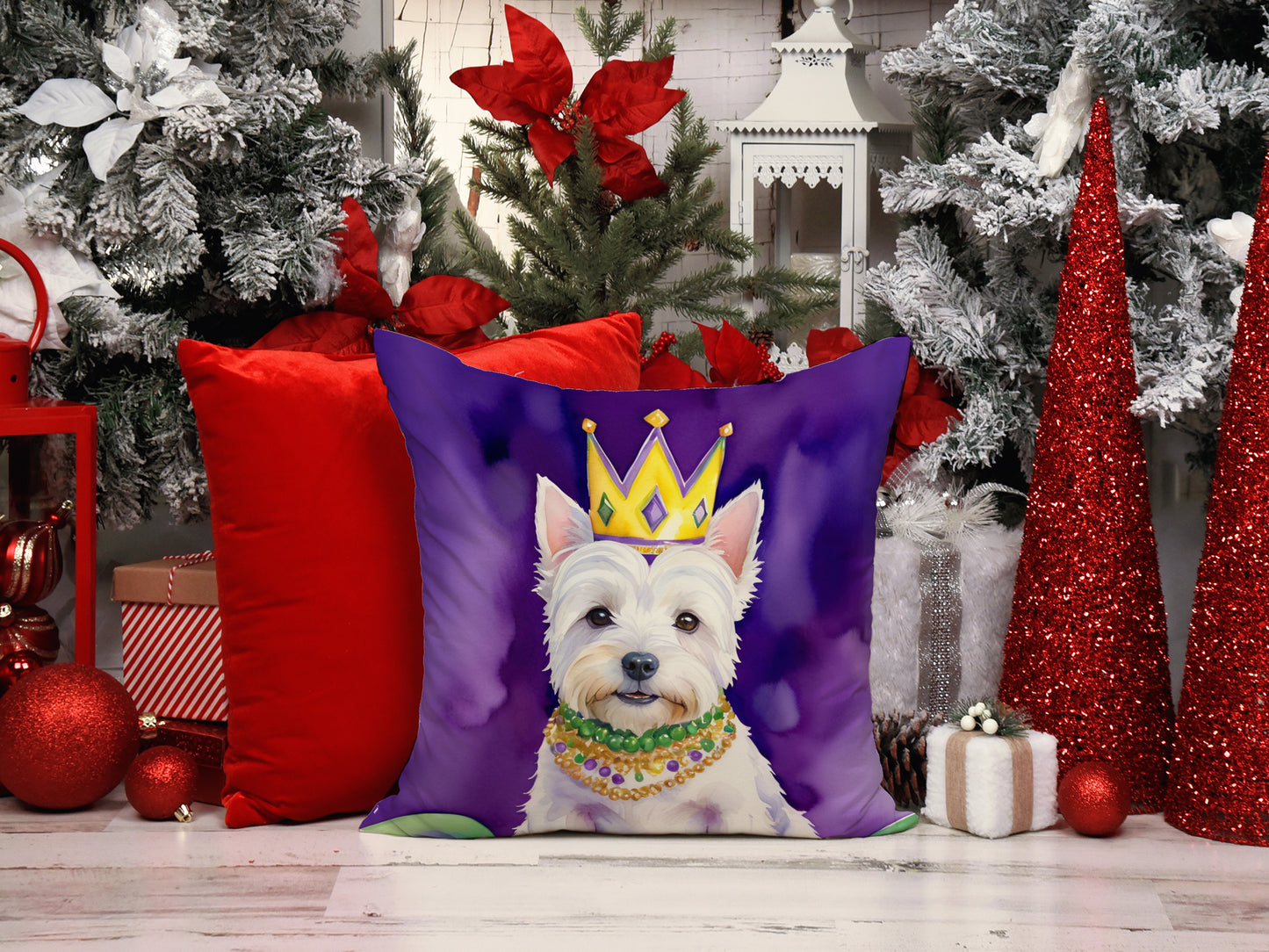 Westie King of Mardi Gras Throw Pillow