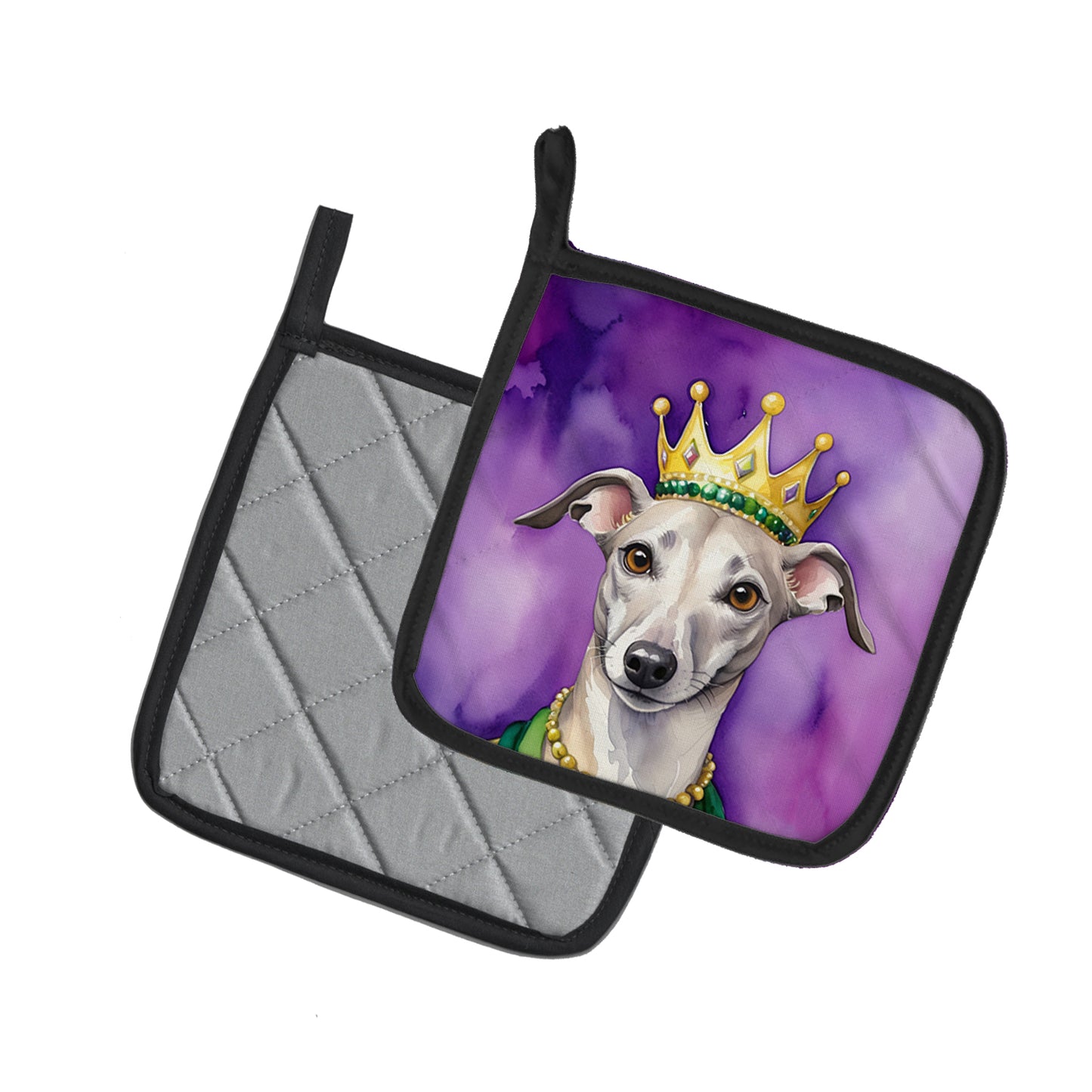 Whippet King of Mardi Gras Pair of Pot Holders