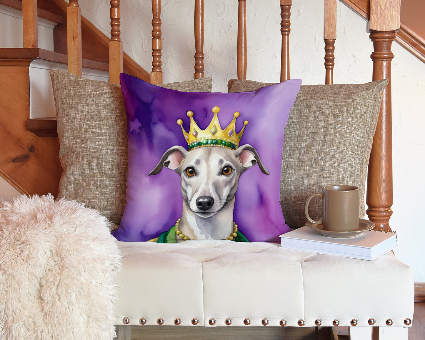 Whippet King of Mardi Gras Throw Pillow