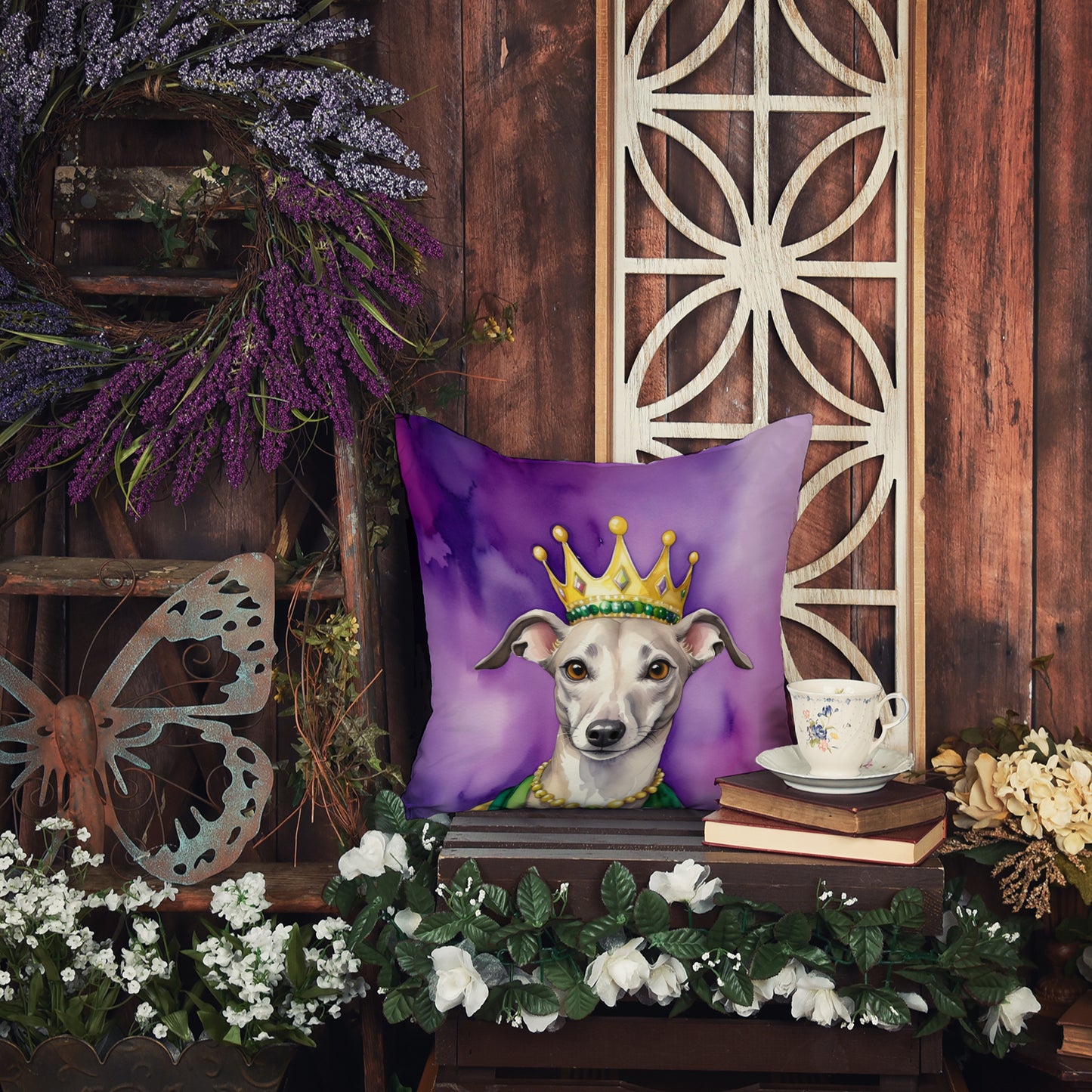 Whippet King of Mardi Gras Throw Pillow