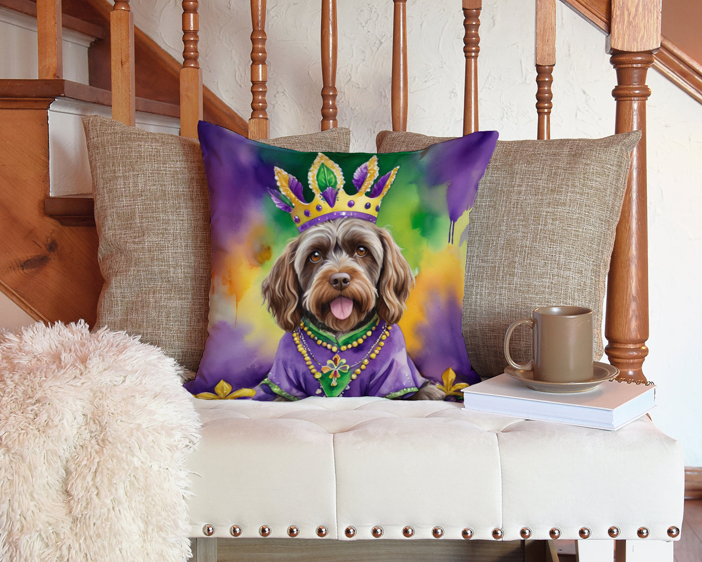 Wirehaired Pointing Griffon King of Mardi Gras Throw Pillow